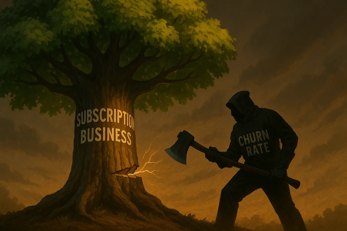 Subscription business metrics illustration showing a figure with an axe approaching a tree labeled 'Subscription Business'
