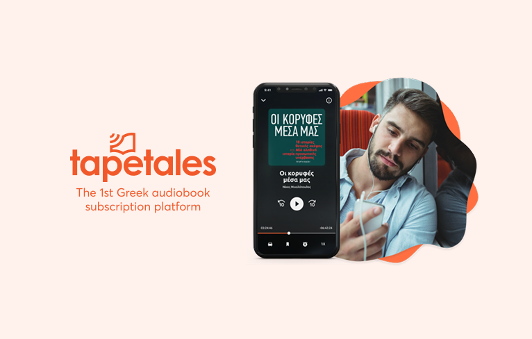 TapeTales marketing banner showing the first Greek audiobook subscription platform with app interface and founder